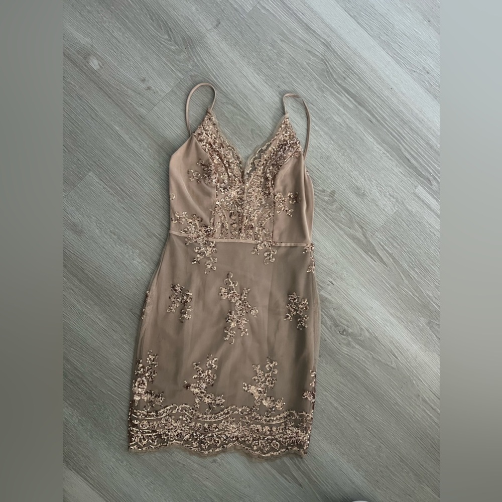 Gold Sheer with Nude Underlay Mini Dress / Size: L / NEVER WORN